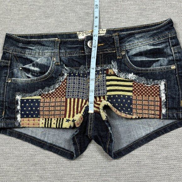 Hot Kiss Womens Blue Denim Cici Short Shorts Flag Patchwork Low Rise Size 3 - Picture 10 of 13
